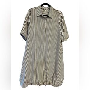 Chico’s Grey White Stripe Shirtdress with Bungee Cinch hem.